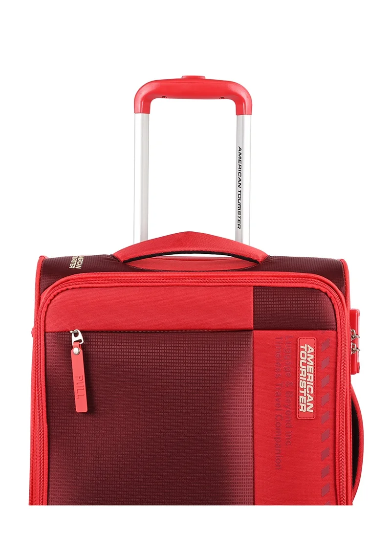 American Tourister red Marina Suitcase, Cabin Size 57 cm, 4 Spinner Wheels, Soft Top, 100% Polyester, Red|Inner Mesh Zippered Pocket|Expandable|TSA Lock|Voluminous Front Pocket - 3 Years International Warranty  | Best Price UAE